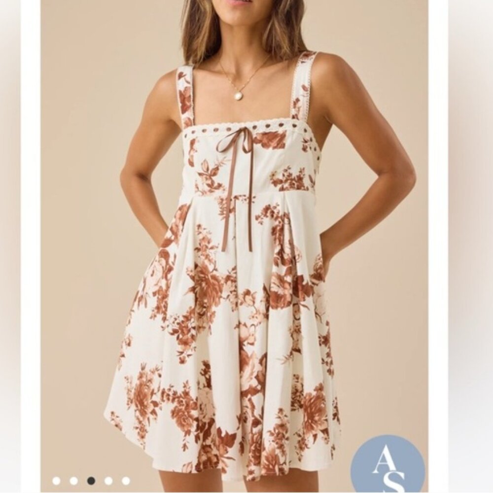 NWT Altar'd State Dalilah Floral Mini Dress Women's XS Ivory/Brown Tie Front